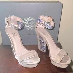 4” Vince Canuto platform sandals/heels size 6.5 tan suede and multi color heel